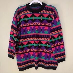 Vintage 80s 90s Funky Bright Geometric Women's Oversized Chunky Knit Sweater L